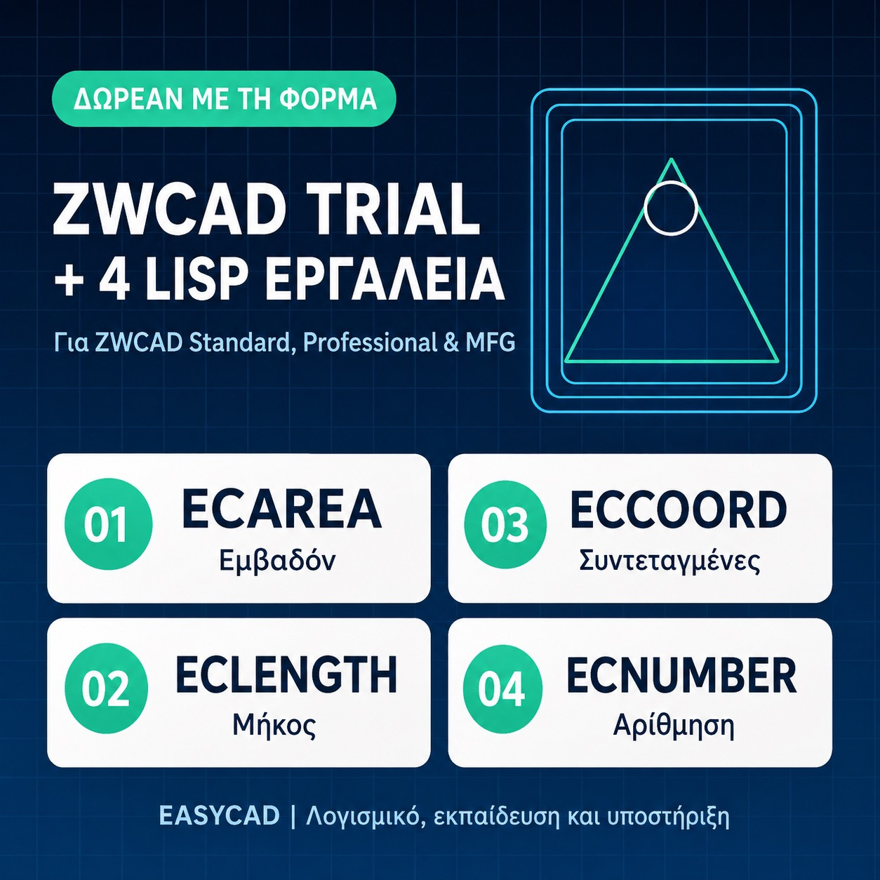 ZWCAD trial και τα τέσσερα δωρεάν εργαλεία ECAREA, ECLENGTH, ECCOORD και ECNUMBER